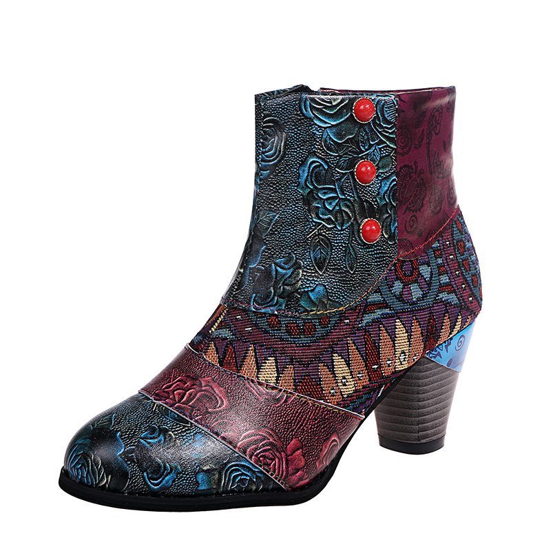 Bohemian Women's Boho Boots Retro Block High Heels Zipper