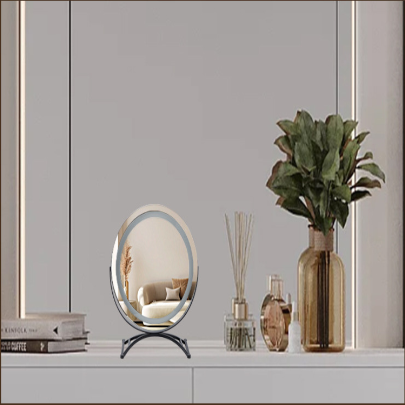 Round Black Dressing Table Makeup Mirror Desktop Led Light
