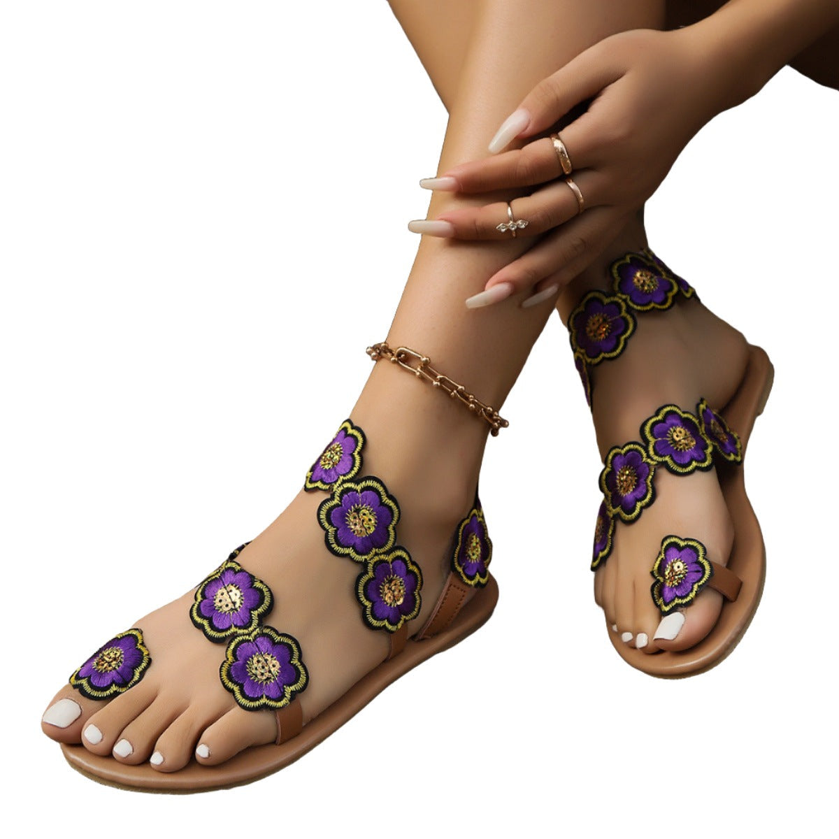 Ethnic Style Flowers Flat Sandals Summer Vacation Casual Clip Toe Beach Shoes For Women