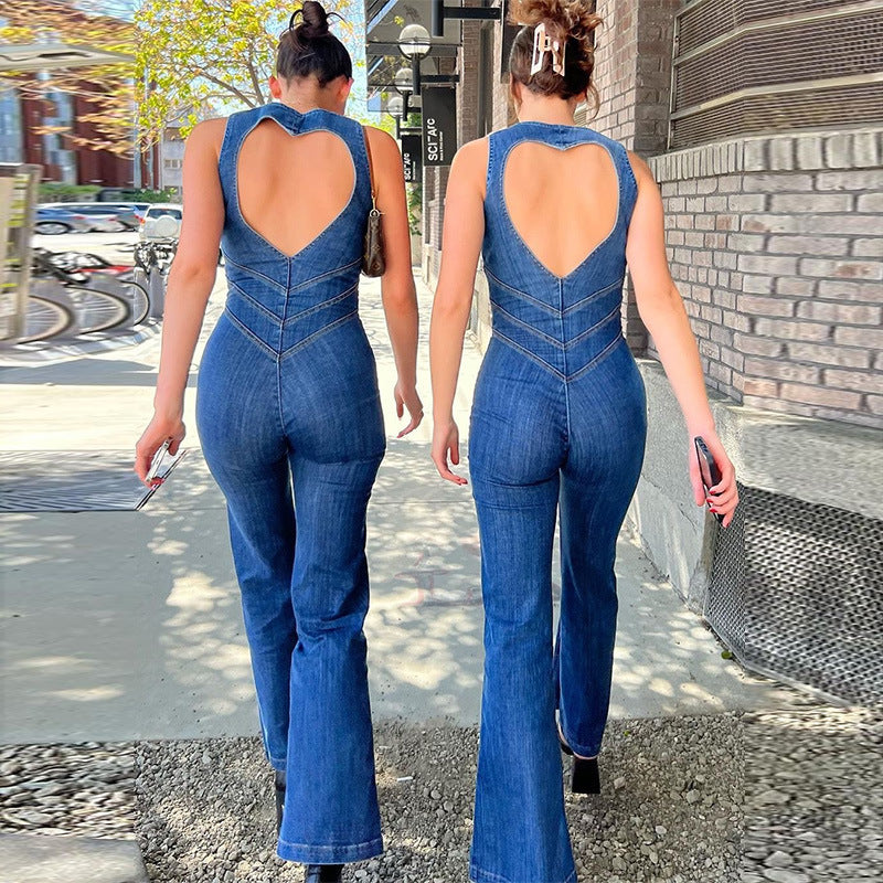 Summer Slim Heart-Shape Backless Denim Jumpsuit Women Halter Neck High Waist Pants