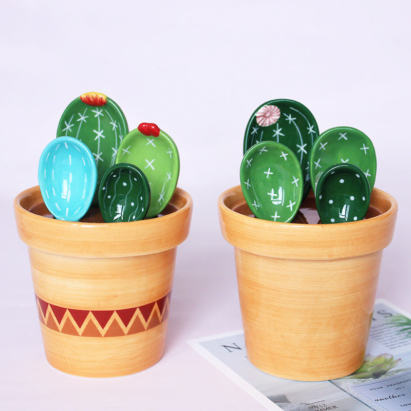 Ceramic Novelty Cactus Pot Measuring Spoons Cups Kitchen Tools