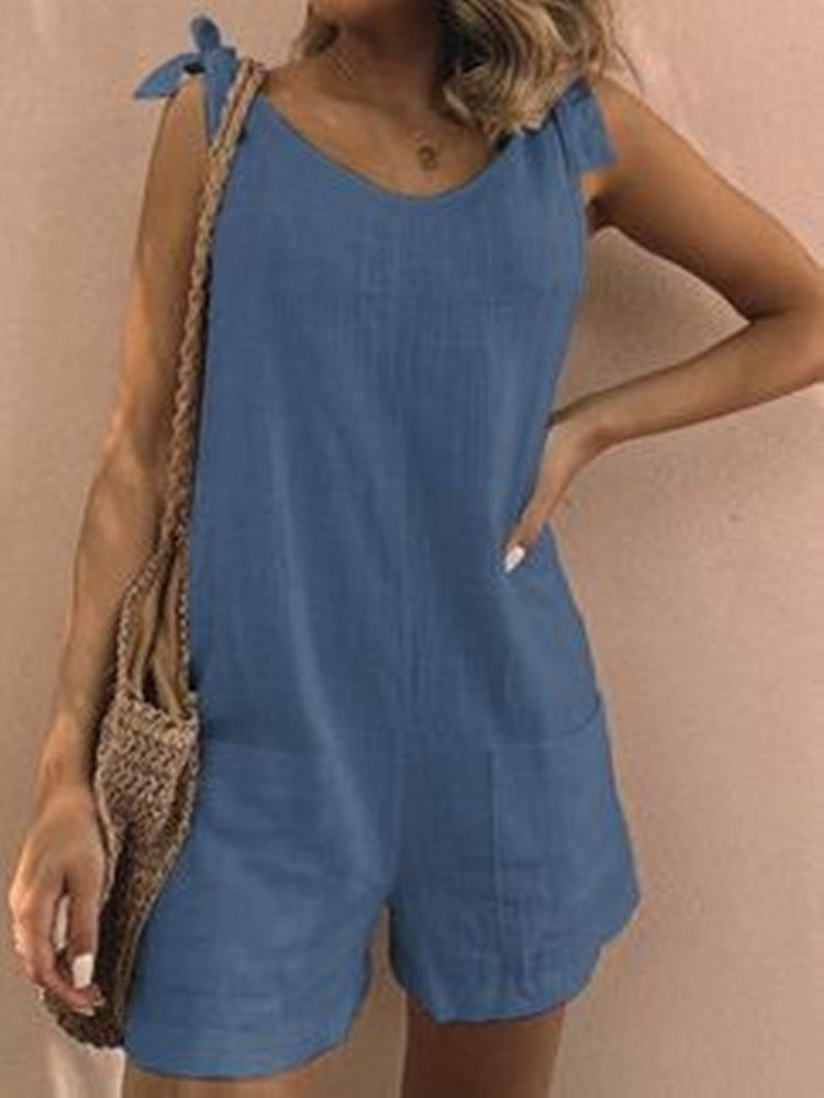 Women's Solid Color Cotton And Linen Patch Pocket Loose Jumpsuit