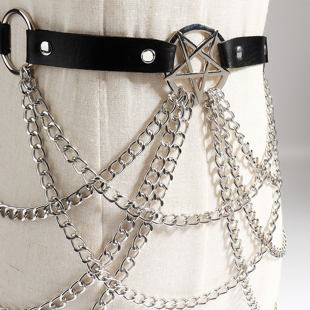Women's Multi-Layer Chain Belt Hollow Fringe Body Sexy Pin Buckle Five-Pointed Star Harness Leather Goods