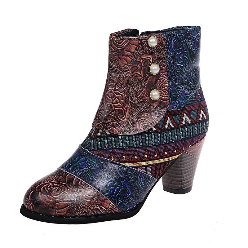 Bohemian Women's Boho Boots Retro Block High Heels Zipper