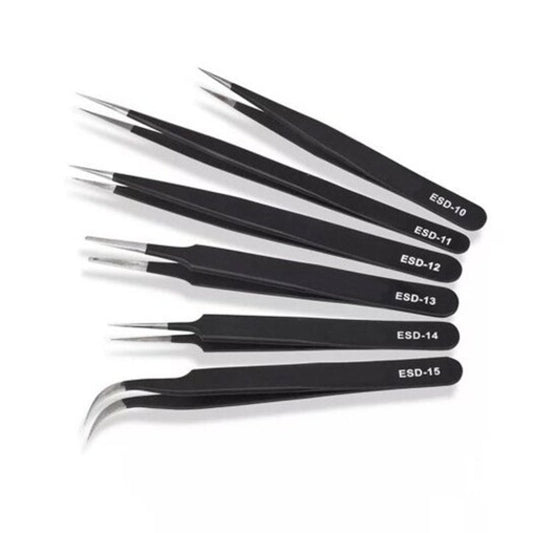 6Pcs Esd Stainless Steel Antistatic Tweezers Electronic Repair Tools Black