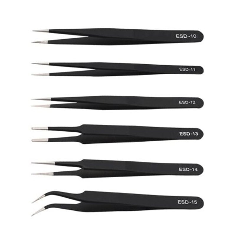 6Pcs Esd Stainless Steel Antistatic Tweezers Electronic Repair Tools Black