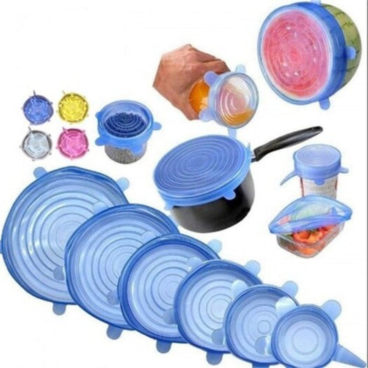 6Pcs Reusable Silicone Stretch Lids Keep Fresh Food Kitchen Storage Wraps Cover Blue