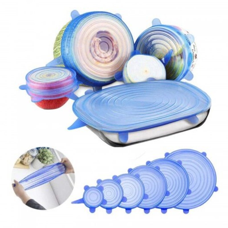 6Pcs Reusable Silicone Stretch Lids Keep Fresh Food Kitchen Storage Wraps Cover Blue