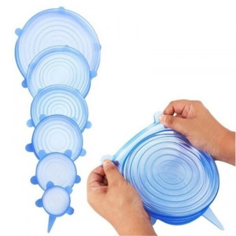 6Pcs Reusable Silicone Stretch Lids Keep Fresh Food Kitchen Storage Wraps Cover Blue