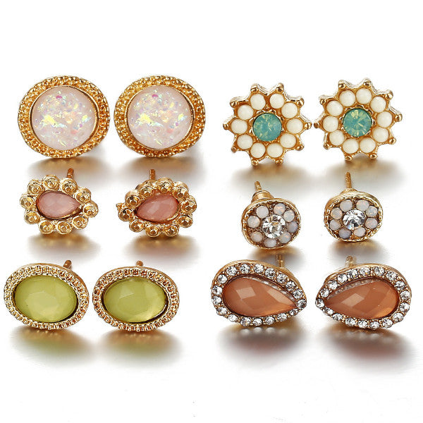 Veile Studios 6Pcs Multi Element Water Drop Flower Ear Nail Earring
