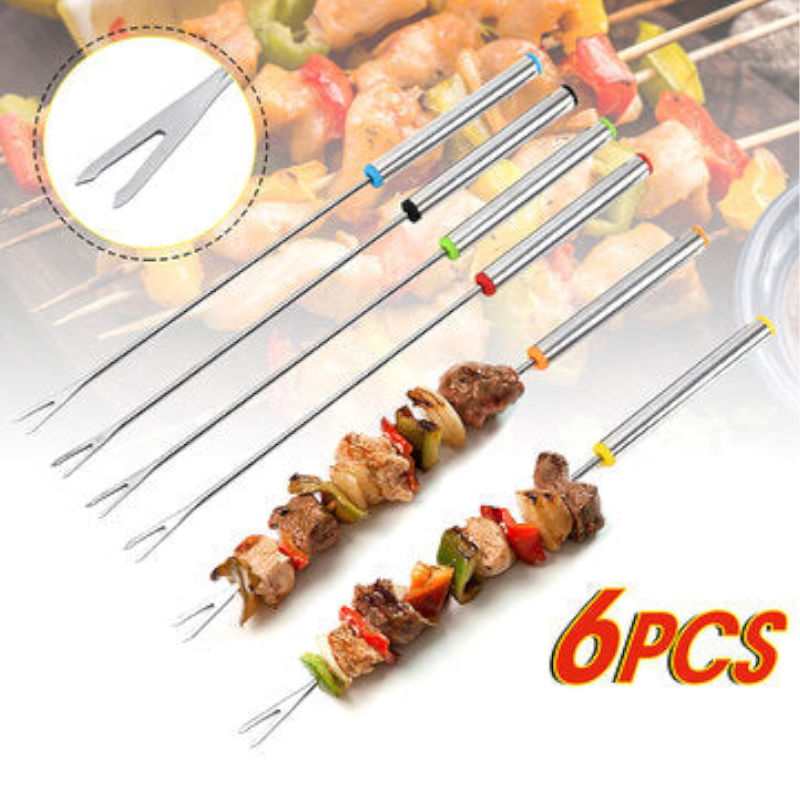 6Pcs Stainless Steel Bbq Fork Reusable Barbecue Skewers Cooking Tools