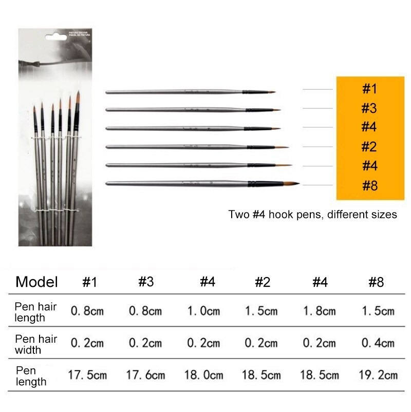 6Pcs/Set Silver Paint Brushes Nylon Hook Line Pen For Acrylic Watercolor