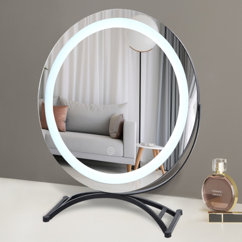 Round Black Dressing Table Makeup Mirror Desktop Led Light