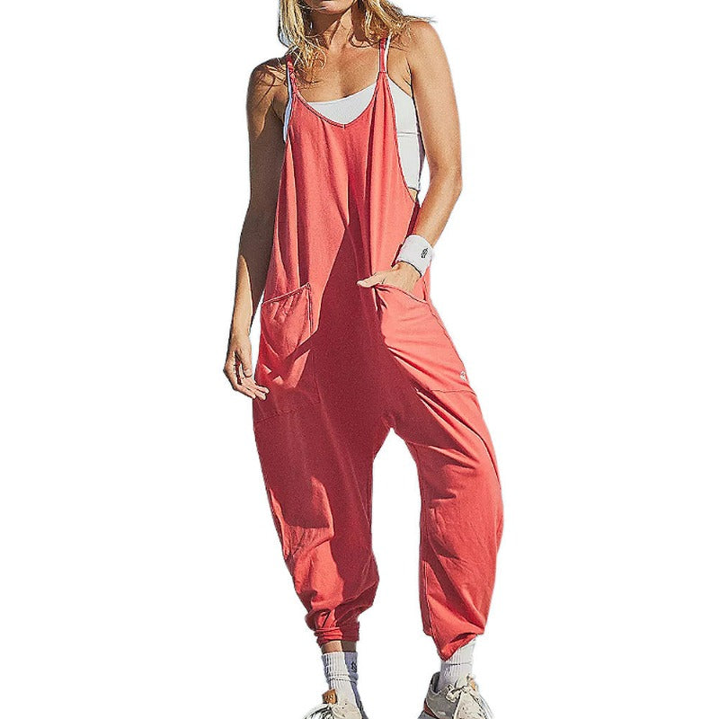 Summer Womens Loose Sleeveless Jumpsuits Spaghetti Strap Long Pant Romper With
