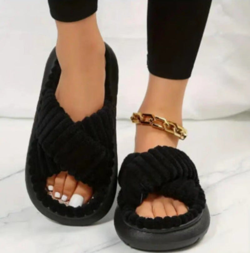 Fluffy Slippers Soft Criss-Cross Straight Designs
