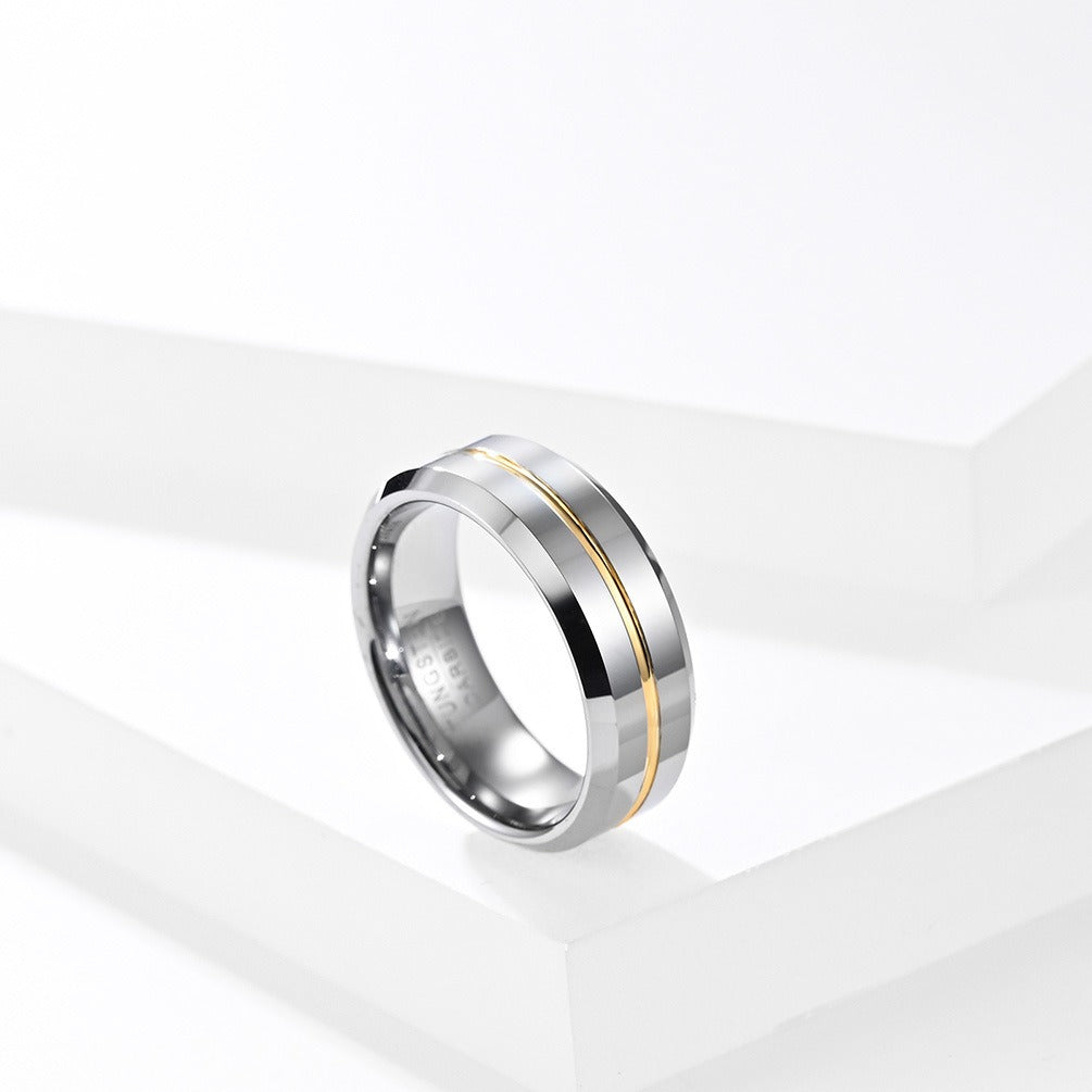 Blue Tungsten Gold Simple Mens Ring With Ribbon Wear Resistant Design