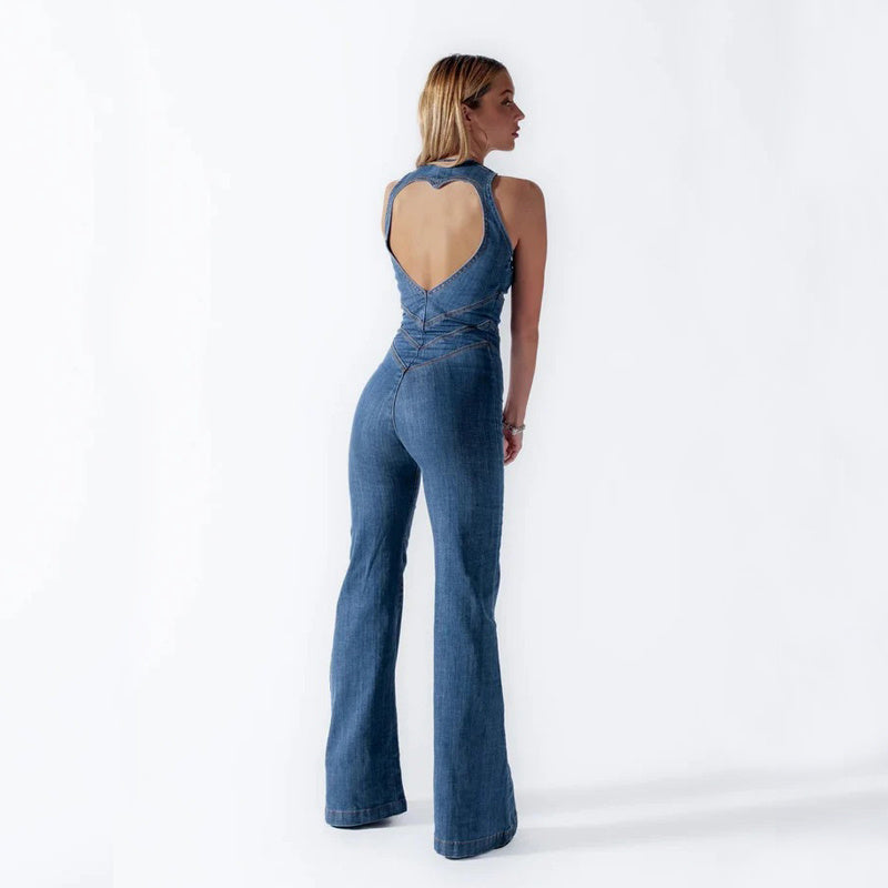 Summer Slim Heart-Shape Backless Denim Jumpsuit Women Halter Neck High Waist Pants