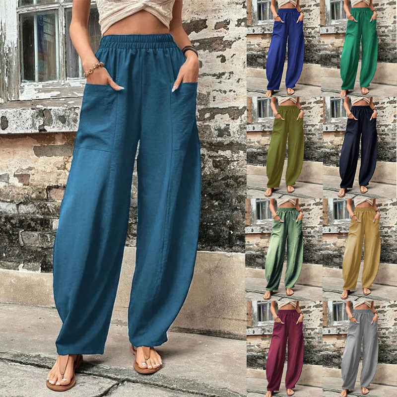 Women's Harem Pants With Pockets High Waisted Casual Beach Loose Trousers Summer