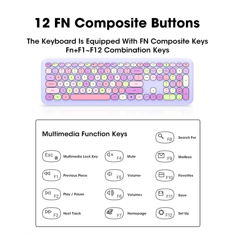 Bluetooth Keyboard Mouse Combo Set Purple Colour Retro Design Portable Wireless