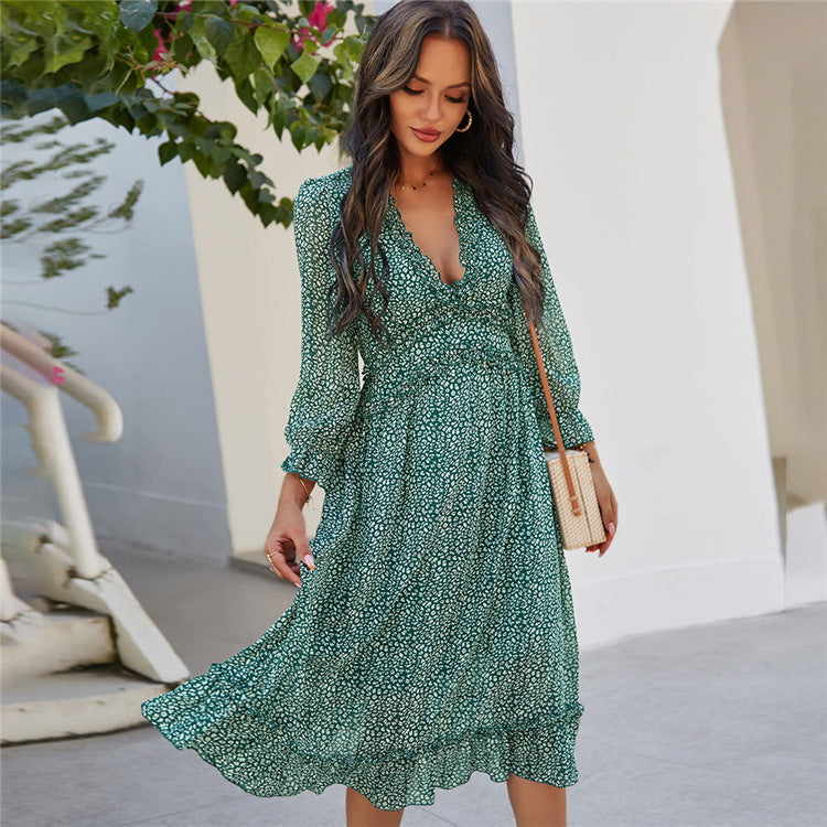 Boho All Over Print Frill Trim Women's Summer Long Sleeve V Neck Dress