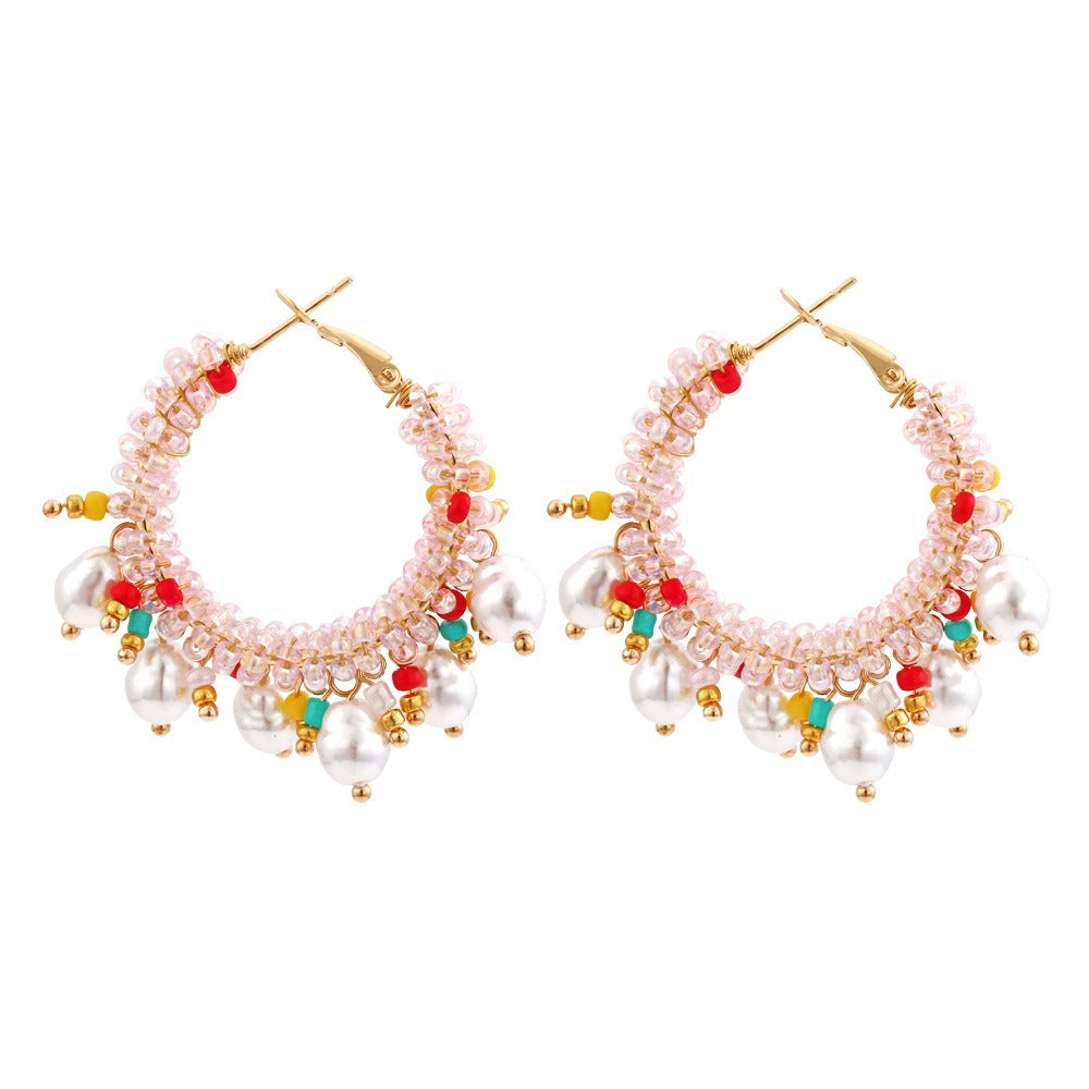 Bohemian Crystal Pearl Beaded Earrings Women Fashion Hoop Jewelry