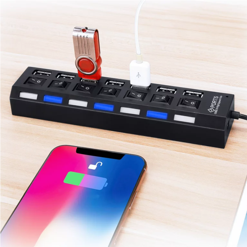 7-Port Usb 2.0 Hub Adapter With On/Off Switch Black