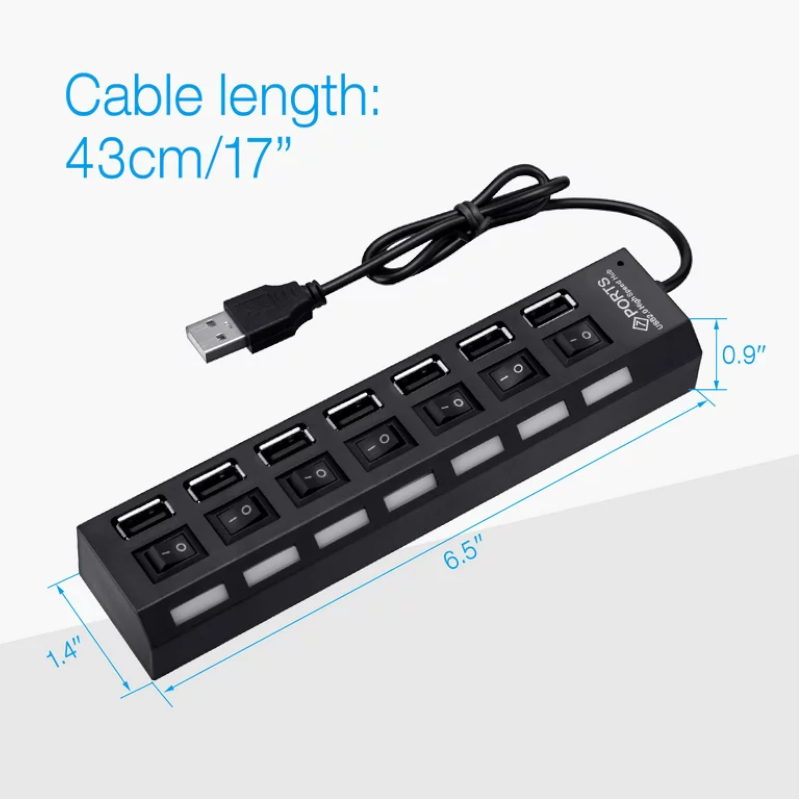 7-Port Usb 2.0 Hub Adapter With On/Off Switch Black