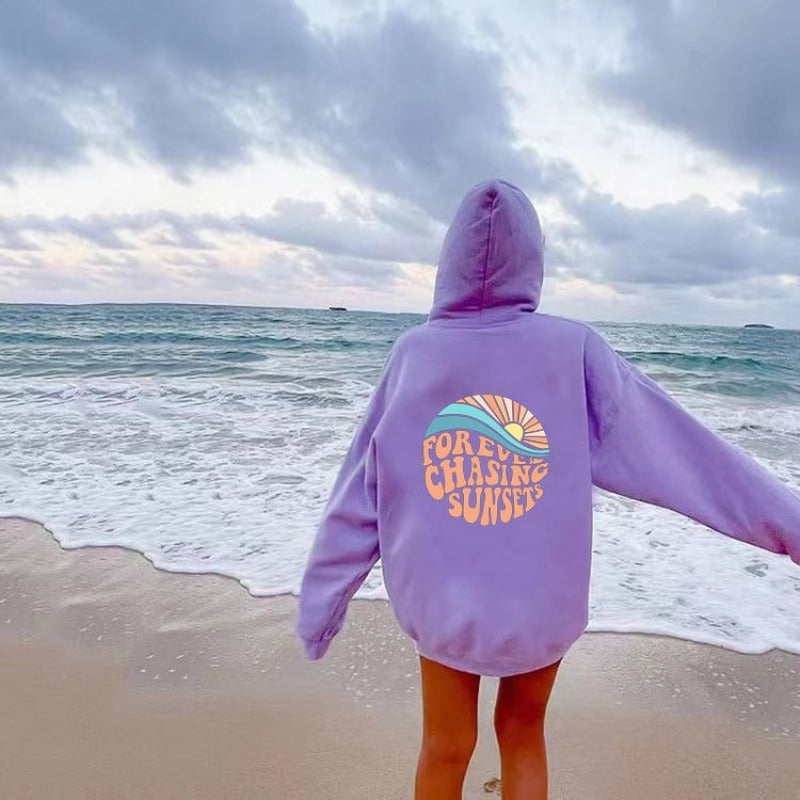 Women Fleece Lined Sunset Print Kangaroo Pocket Drawstring Hoodie