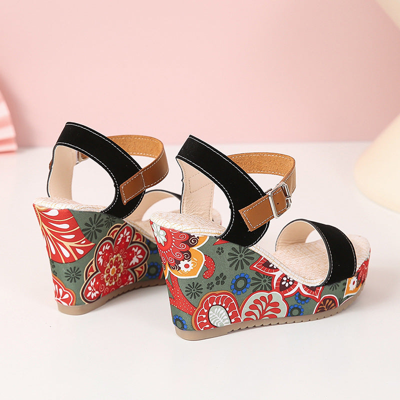 Fashion Flowers Embroidered High Wedge Sandals For Women Summer Toe Platform Buckle Shoes