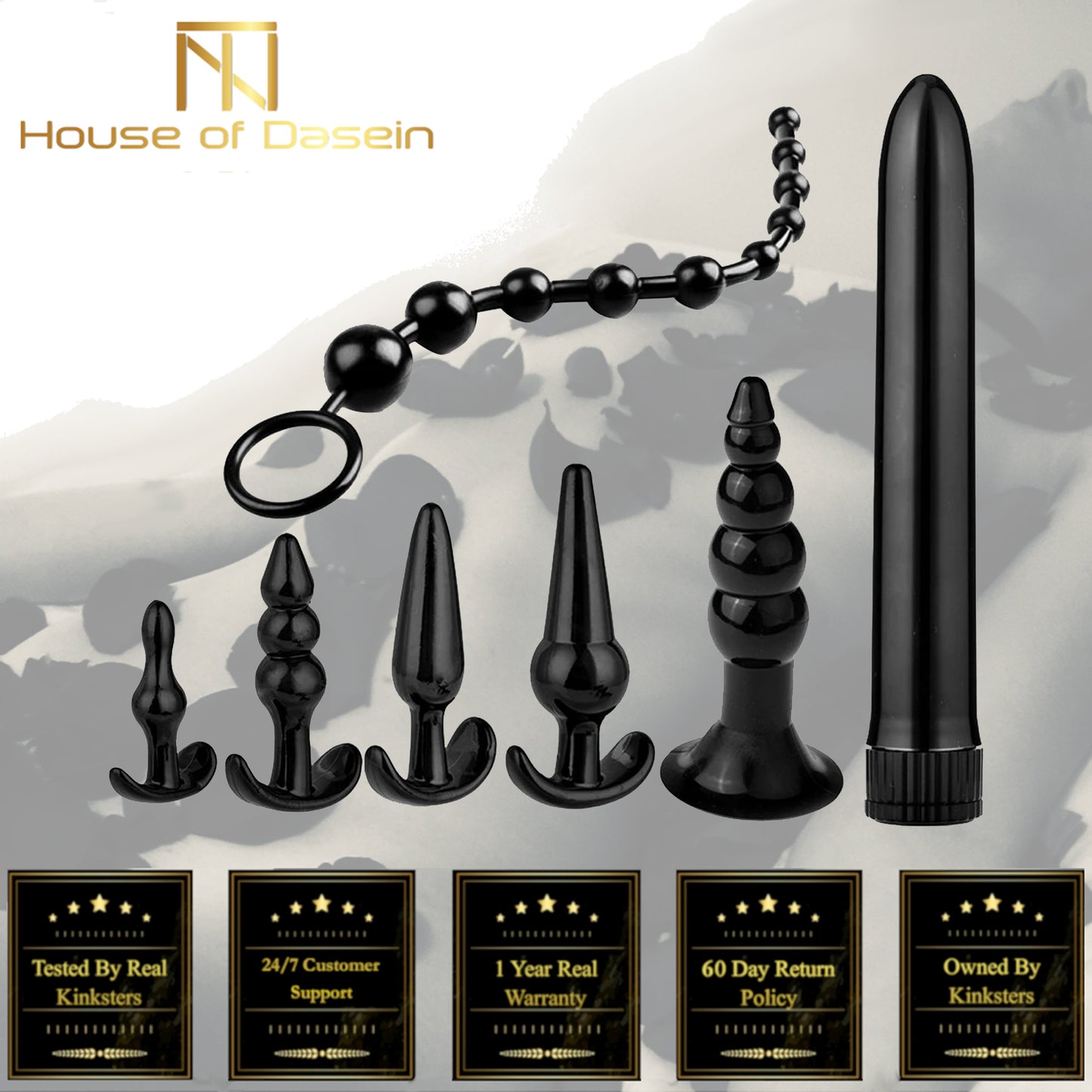 7Pcs Black Trainer Butt Plug Set Anal Beads Vibrator