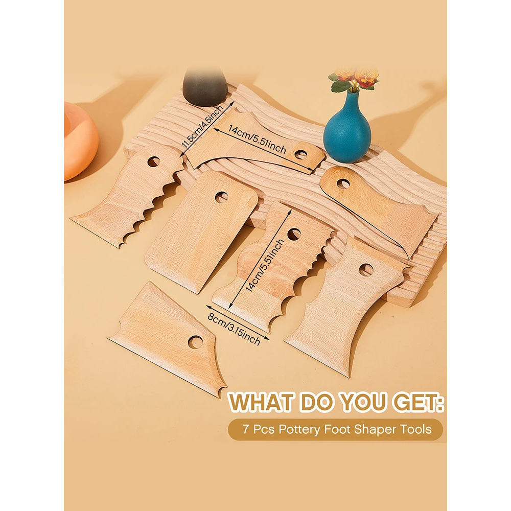 7 Pcs Pottery Trimming Tools Clay Foot Shaper Wooden Texture Profile Rib Bundle Hand