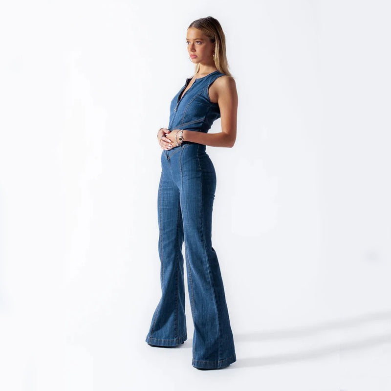 Summer Slim Heart-Shape Backless Denim Jumpsuit Women Halter Neck High Waist Pants
