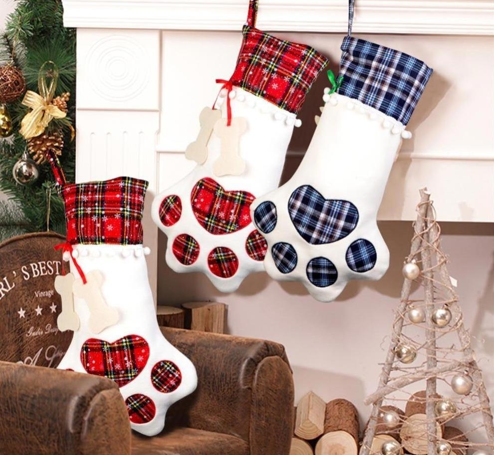 Red Or Blue Plaid Paw Shaped Pet Christmas Stocking For Dogs Cats