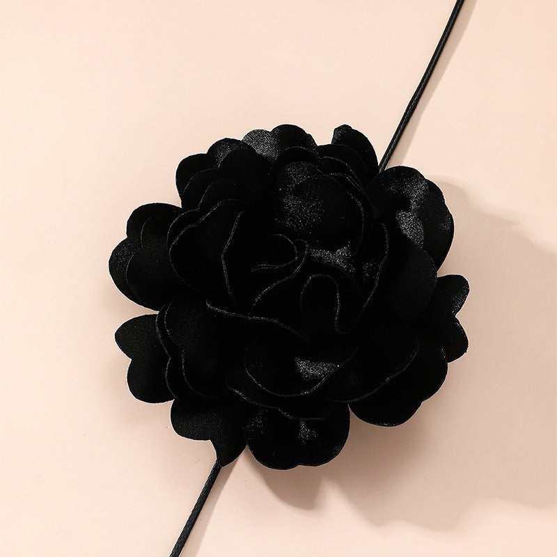 Veile Studios Retro Black Satin Peony Flower Neck Strap Necklace For Evening Fashion Wear