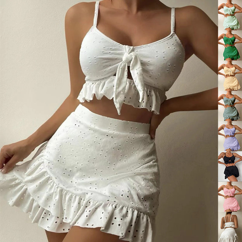 3Pcs Beach Bikini With Hip-Hugging Skirt Fashion Ruffle Design Swimsuit Set Summer Womens Clothing