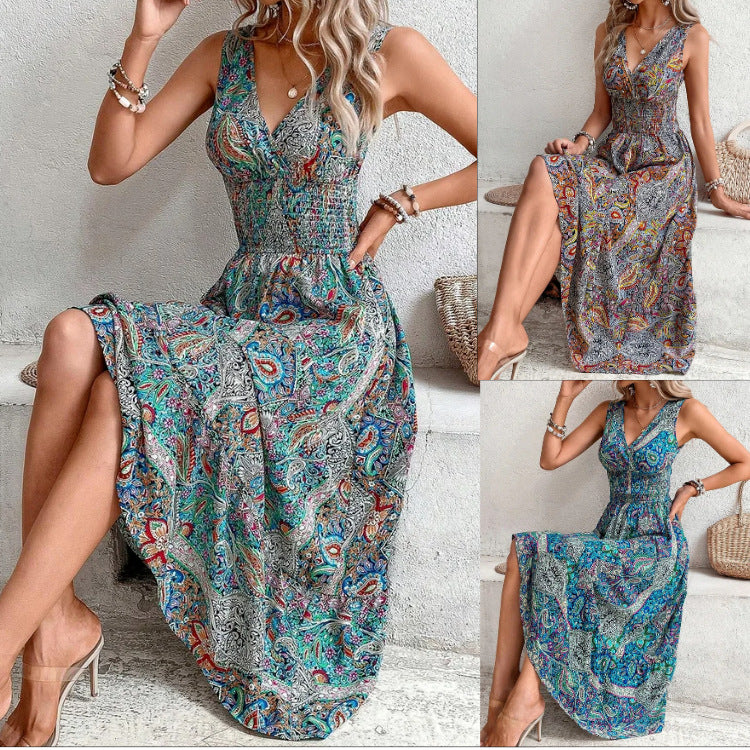 Women's Clothing Cross-Border Aliexpress New Fashion Temperament High Waist Sleeveless Bohemian Dress