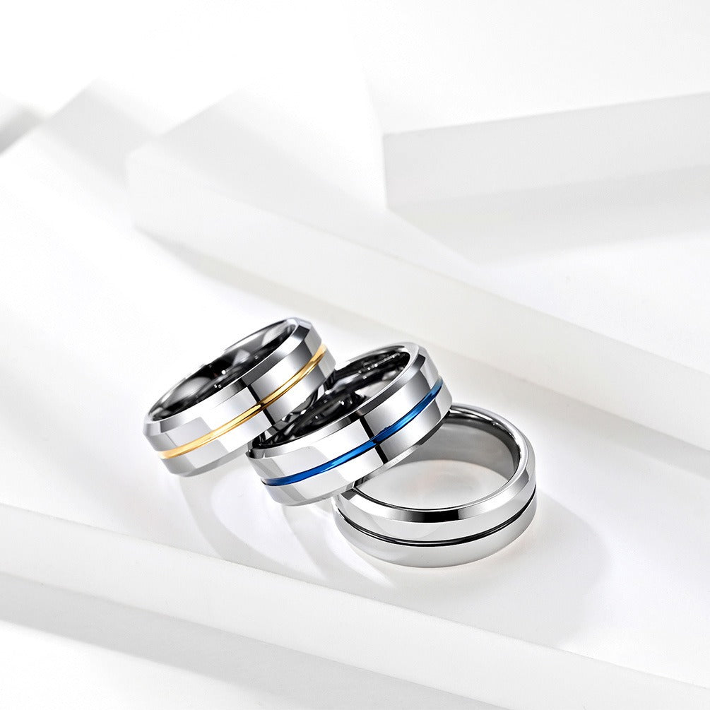 Blue Tungsten Gold Simple Mens Ring With Ribbon Wear Resistant Design