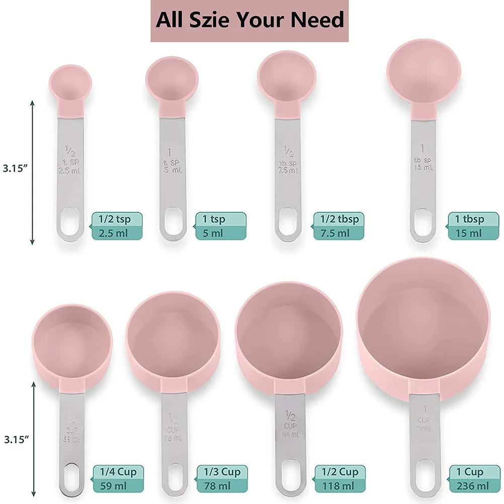 8 Pcs/Set Measuring Cups Multipurpose Spoons With Stainless Steel Handles Pink Baking Accessories Kitchen Gadgets Tool