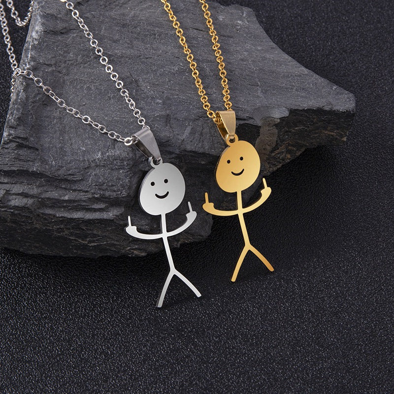 Veile Studios Funny Doodle Necklace Hip Hop Smiley Stick Figure Pendant Hand Gesture Middle Finger Necklaces