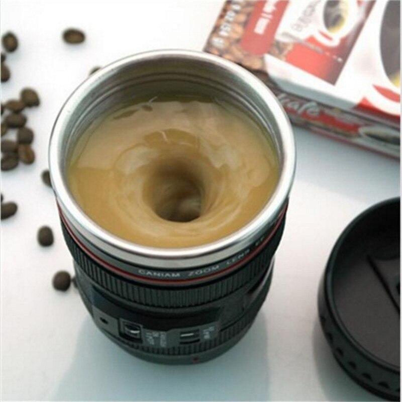 300Ml Stainless Steel Camera Lens Shape Self Stirring Mug Coffee Cup Novelty Gift