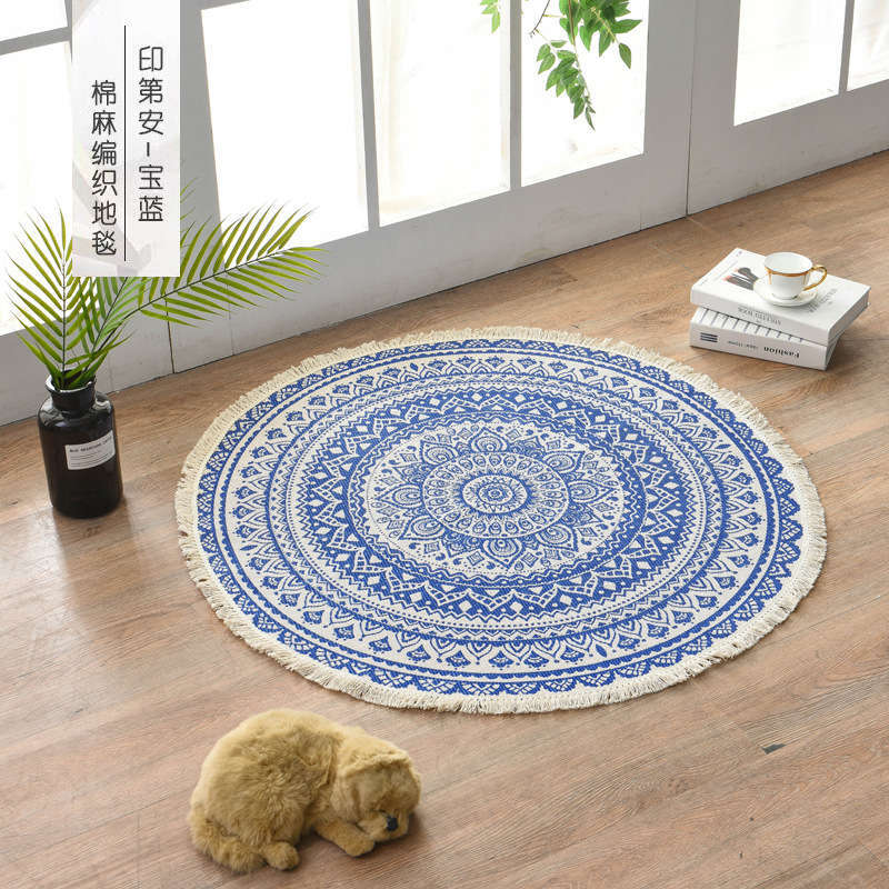 90Cm Bohemian Retro Style Round Cotton Rugs Carpet Hand Woven Geometric Mat Blue