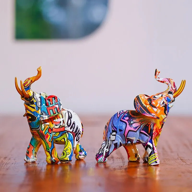 Resin Colorful Transfer Printed Elephant Figurines Modern Art Ornaments Animal Feng Shui Home Interior Office Decor Acce