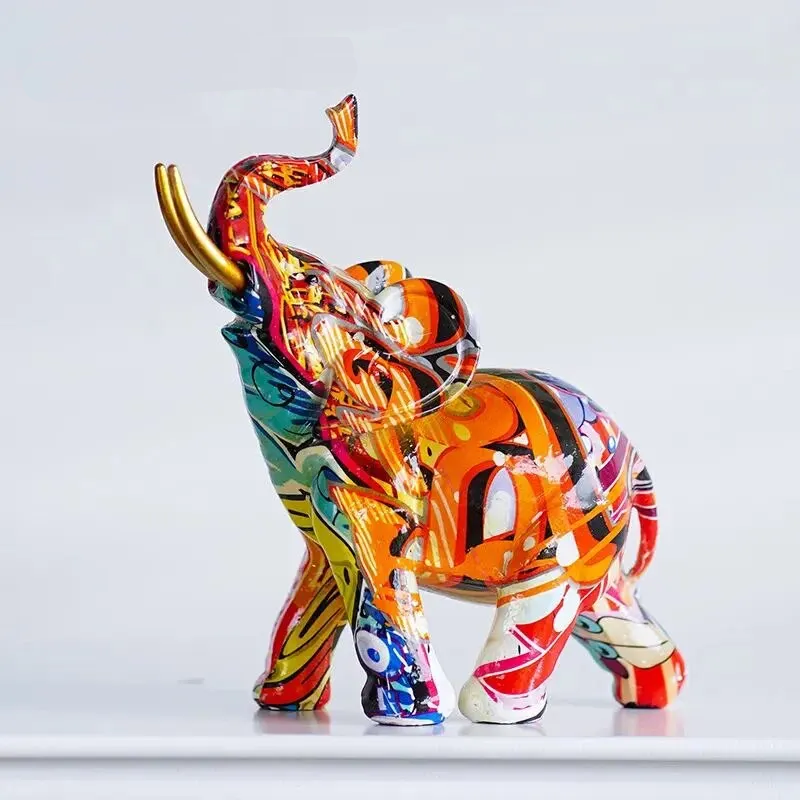 Resin Colorful Transfer Printed Elephant Figurines Modern Art Ornaments Animal Feng Shui Home Interior Office Decor Acce