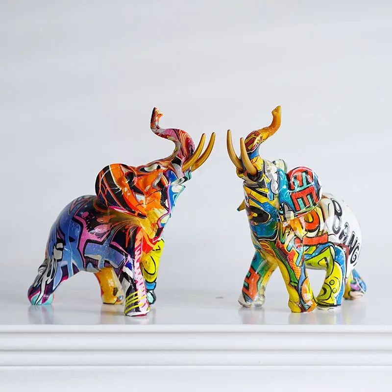 Resin Colorful Transfer Printed Elephant Figurines Modern Art Ornaments Animal Feng Shui Home Interior Office Decor Acce