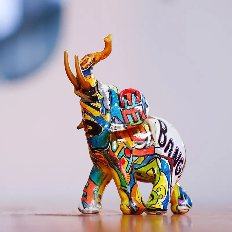 Resin Colorful Transfer Printed Elephant Figurines Modern Art Ornaments Animal Feng Shui Home Interior Office Decor Acce