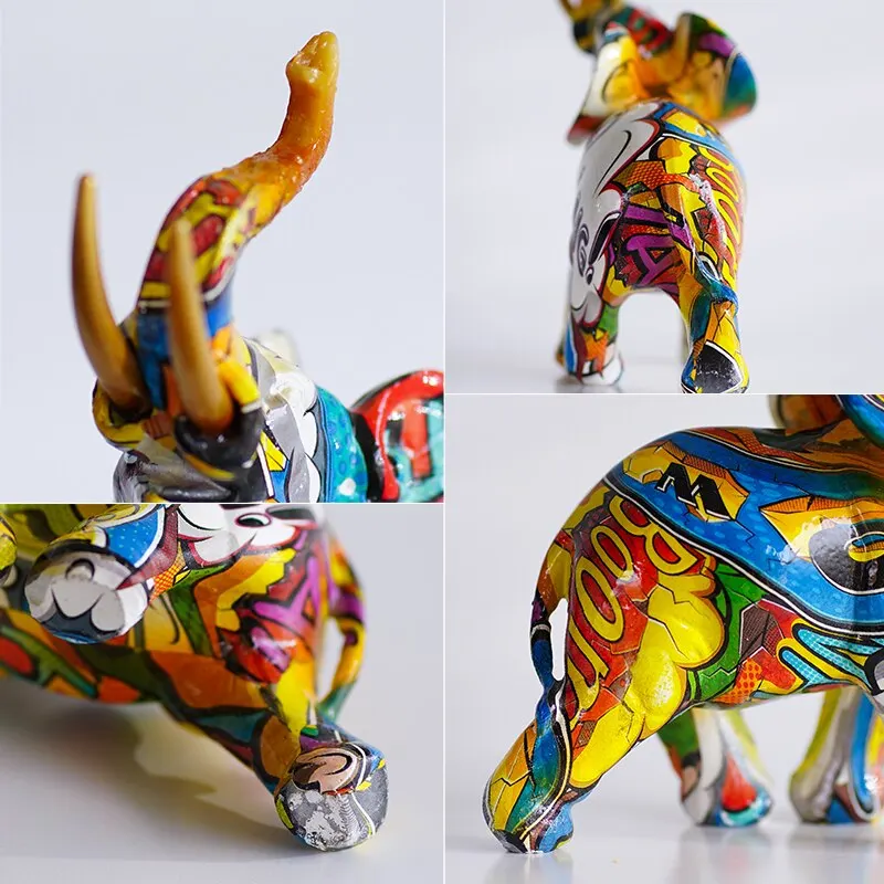 Resin Colorful Transfer Printed Elephant Figurines Modern Art Ornaments Animal Feng Shui Home Interior Office Decor Acce
