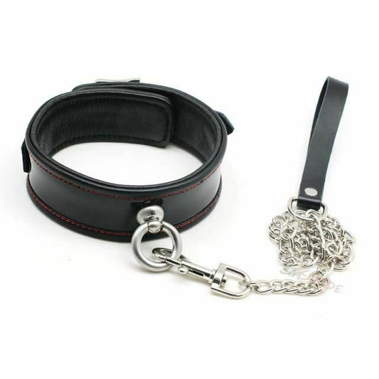 Black Genuine Leather Bondage Collar Leash Metal Chain Bdsm Beginners