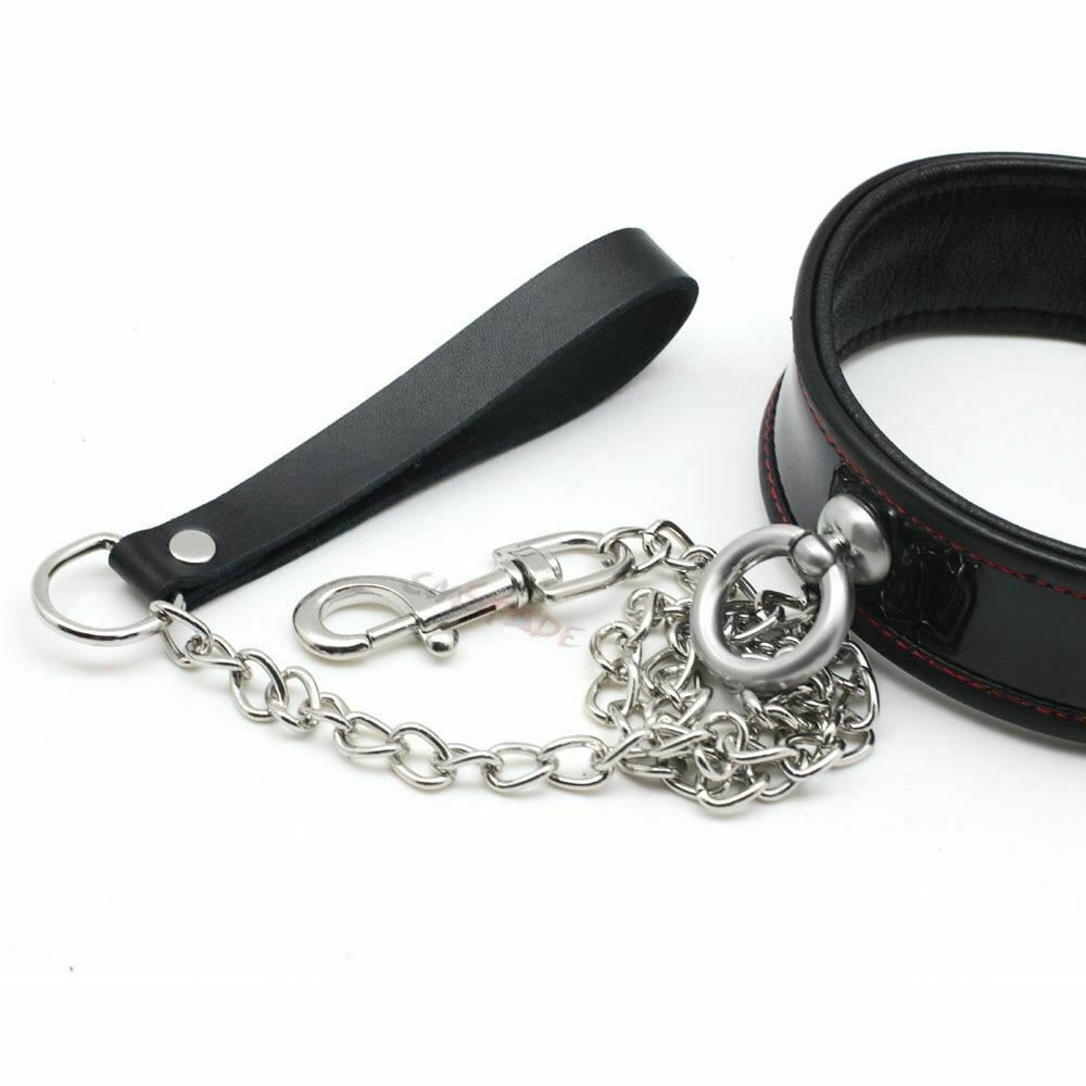 Black Genuine Leather Bondage Collar Leash Metal Chain Bdsm Beginners