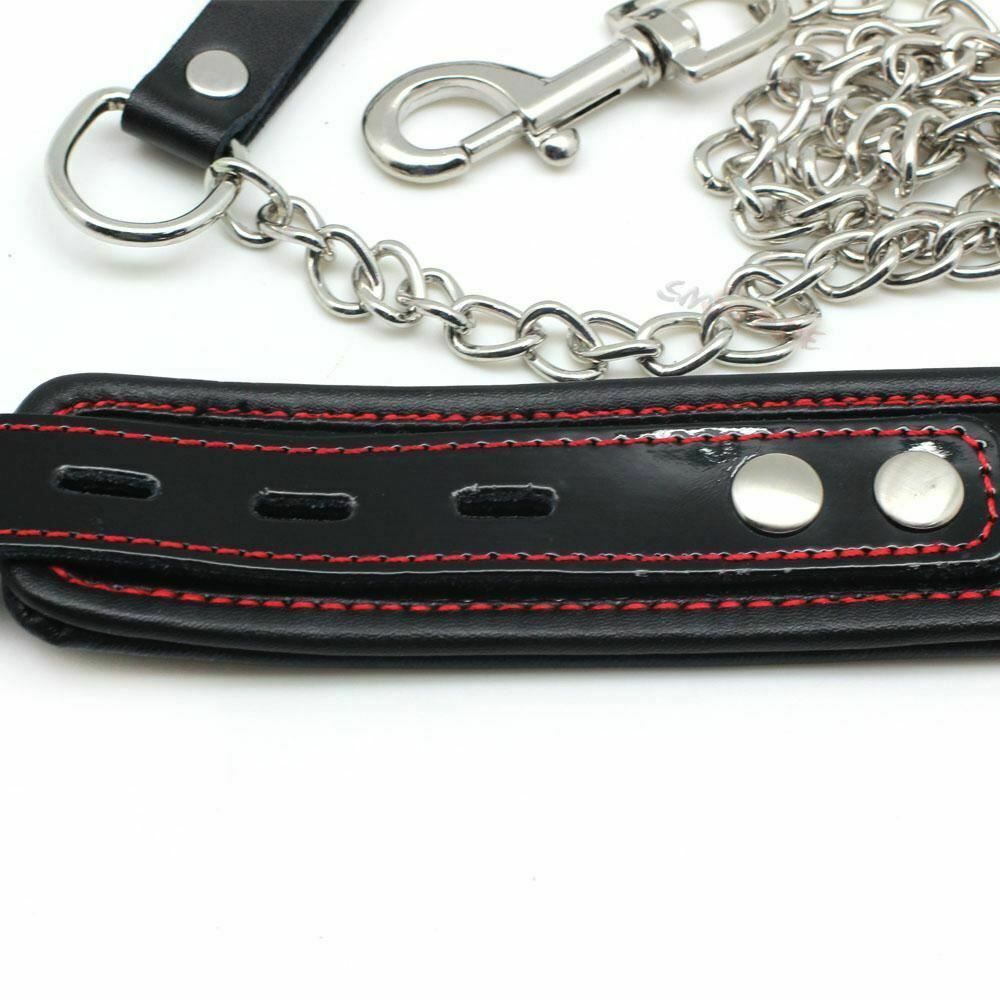 Black Genuine Leather Bondage Collar Leash Metal Chain Bdsm Beginners