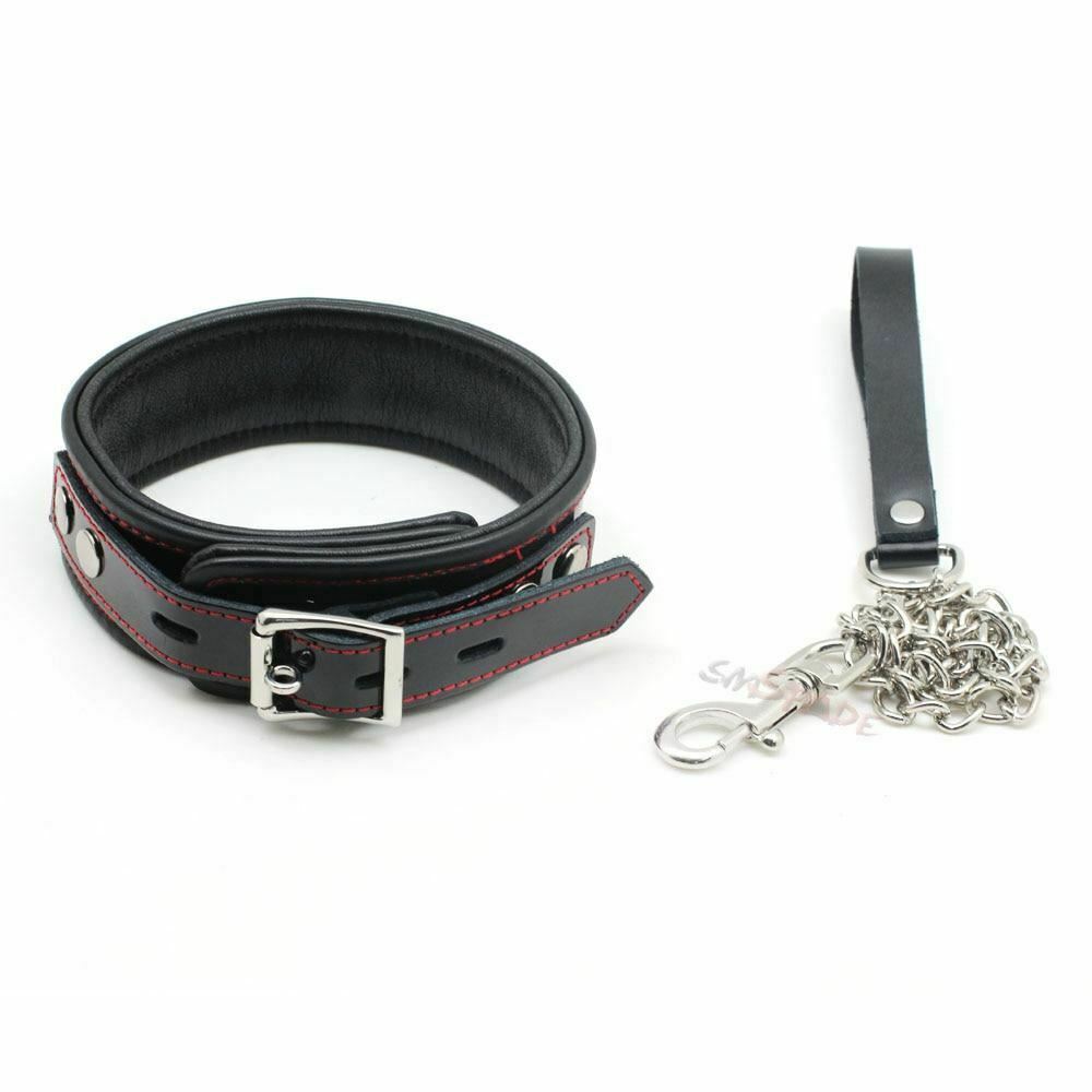 Black Genuine Leather Bondage Collar Leash Metal Chain Bdsm Beginners